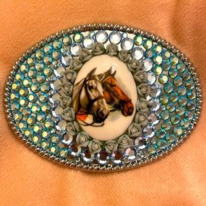 Vintage Tarina Tarantino blue Swarovski crystal rhinestone horse belt buckle